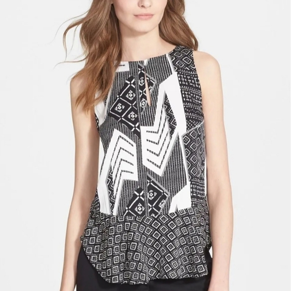 Diane von Furstenberg DVF Maya Geometric Black Print Silk Peplum Tank Top